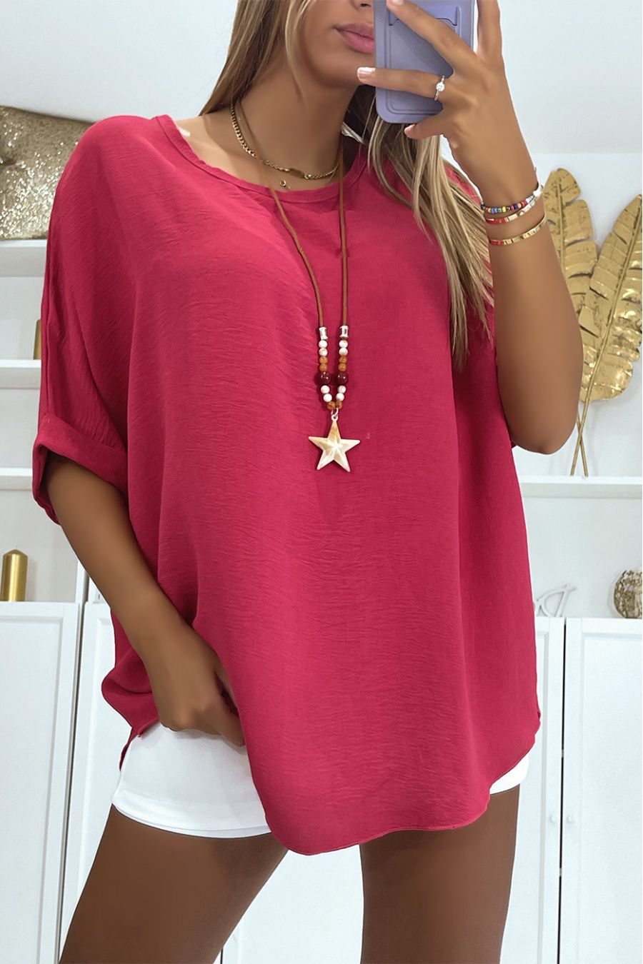ToF oversize fuchsia met halflange vleermuismouwen, ronde hals en bohemien ketting - 2