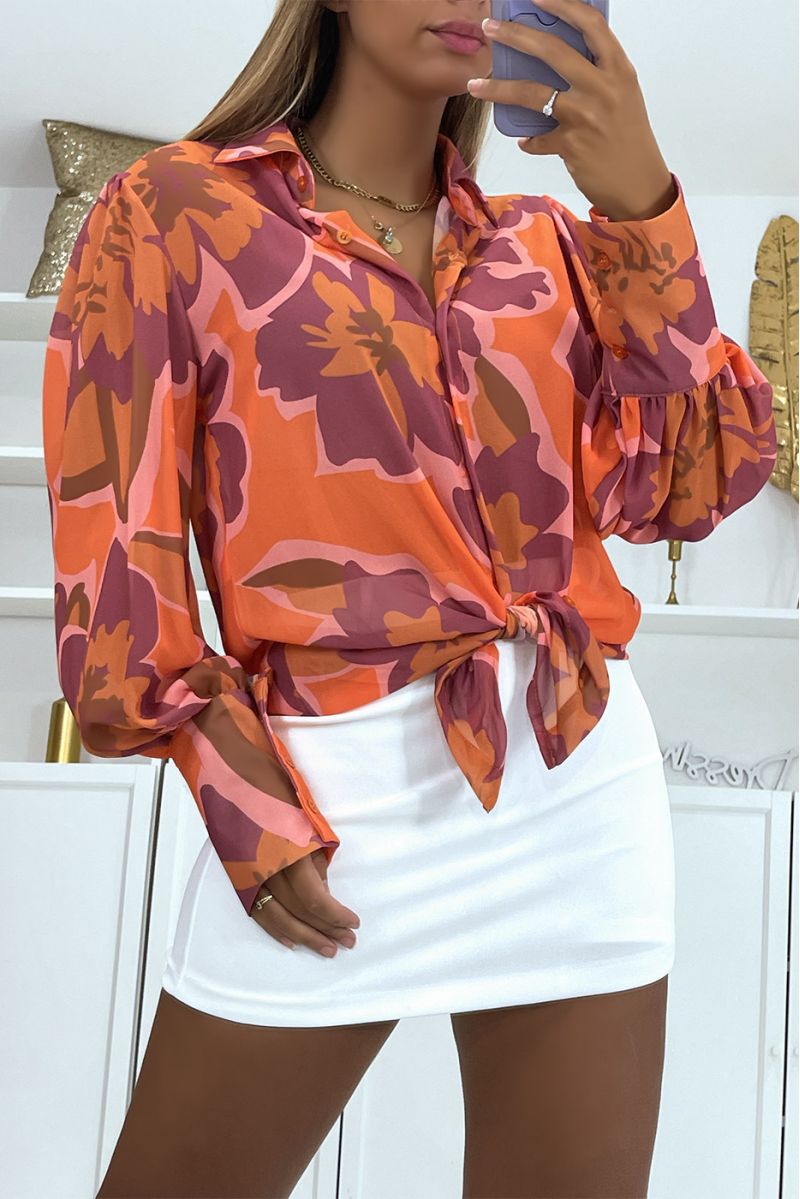 Oranje overhemd met chique en trendy transparante kleurenmix print - 4