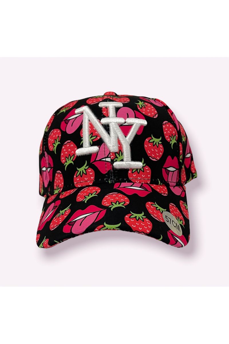 Black NY New York cap with red and fuchsia colorful fruit print