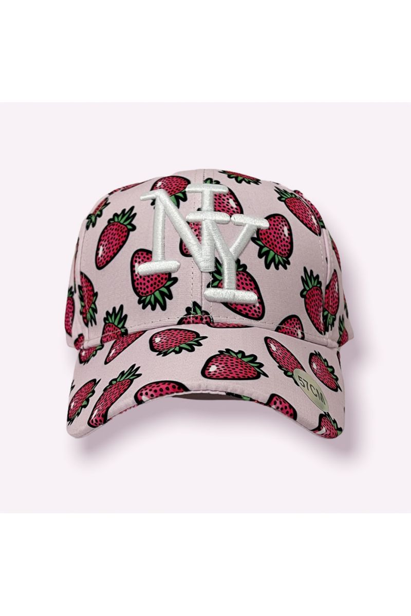 NY New York pink cap with dots pink strawberry print - 1