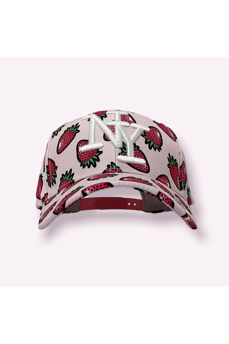 NY New York pink cap with dots pink strawberry print - 2