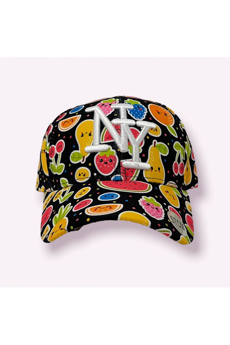 NY New York black cap with colorful fruit print with smiley face - 1