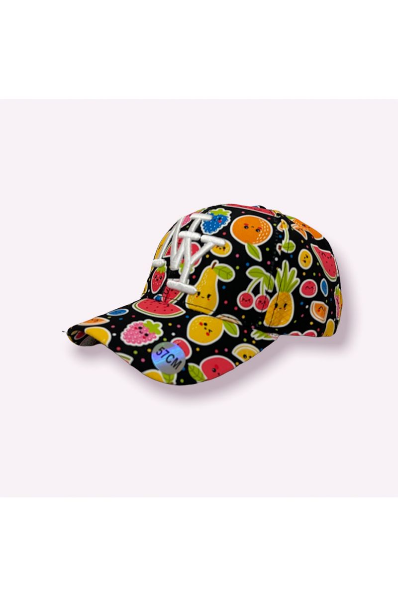 NY New York black cap with colorful fruit print with smiley face - 3