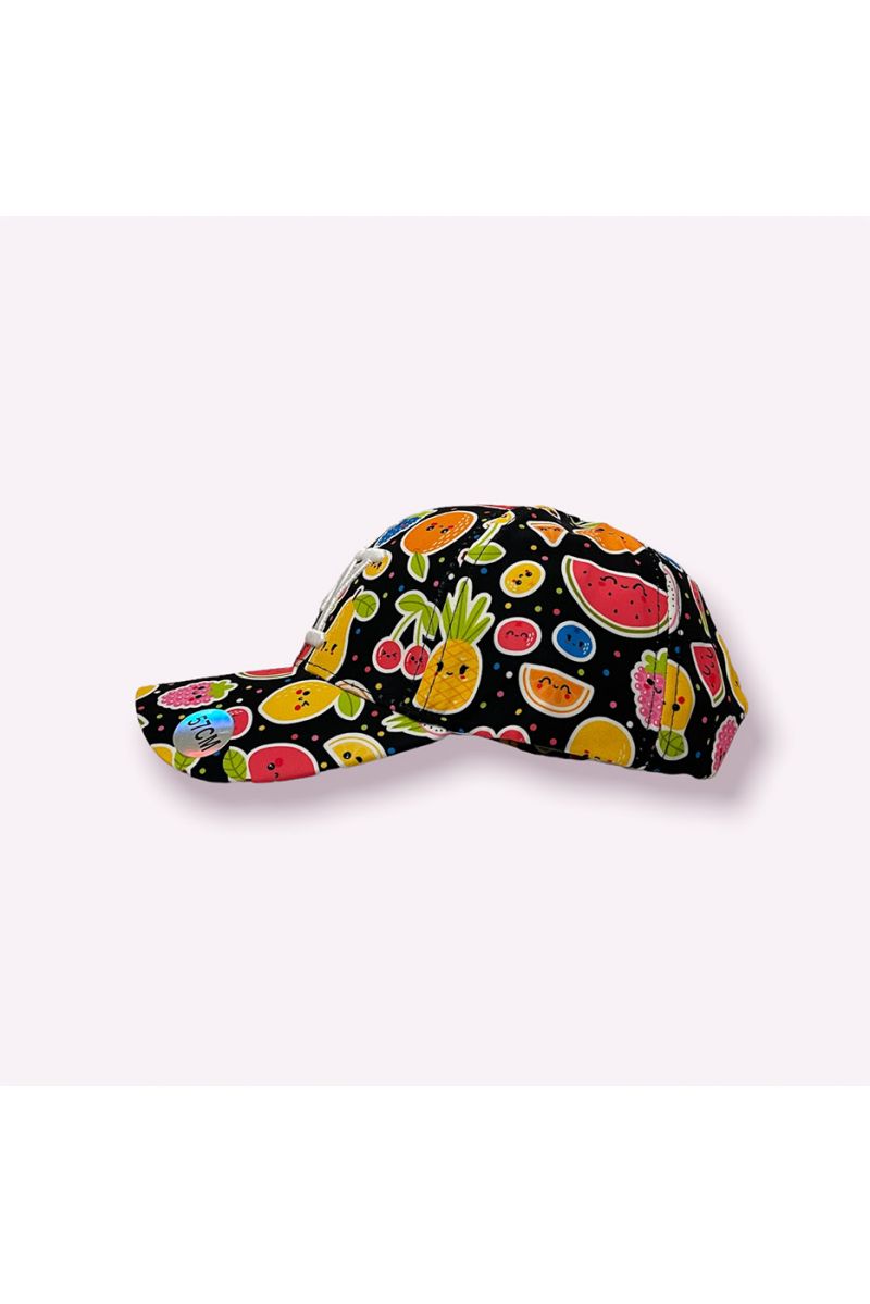 NY New York black cap with colorful fruit print with smiley face - 5