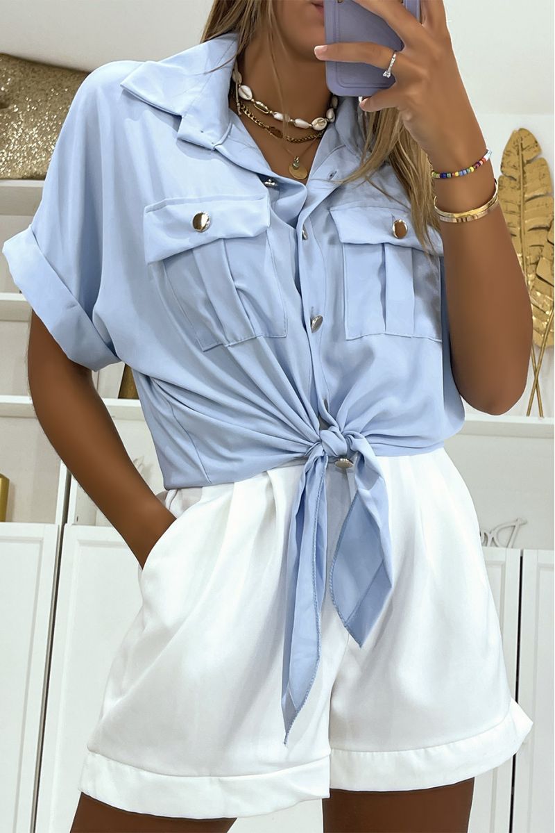 Short turquoise blouse that ties at the waist with short sleeves pockets and beautiful golden buttons - 1
