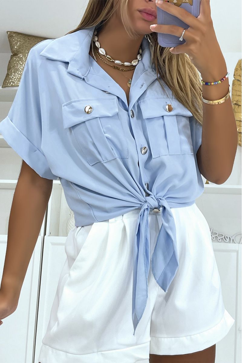 Short turquoise blouse that ties at the waist with short sleeves pockets and beautiful golden buttons - 2