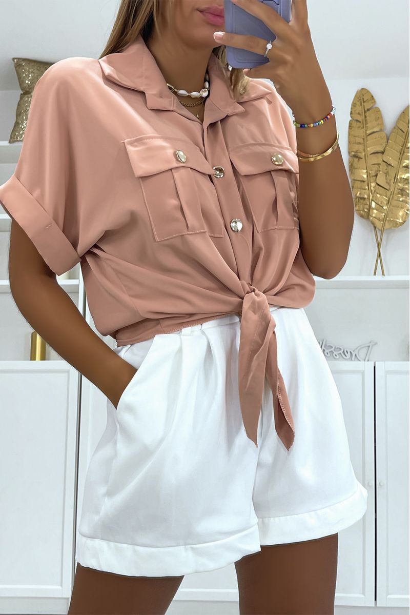 Short pink blouse that ties at the waist with short sleeves pockets and beautiful golden buttons - 1