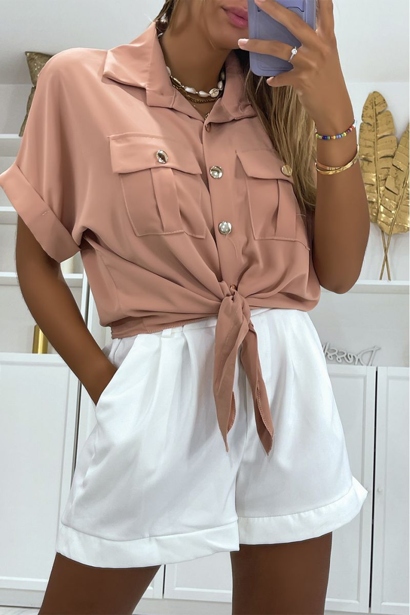Short pink blouse that ties at the waist with short sleeves pockets and beautiful golden buttons - 2