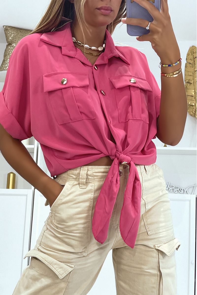 Short fuchsia blouse that ties at the waist with short sleeves pockets and beautiful golden buttons - 2