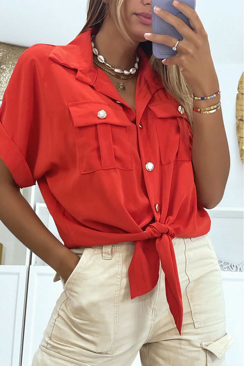 Short red blouse that ties at the waist with short sleeves pockets and beautiful golden buttons - 1