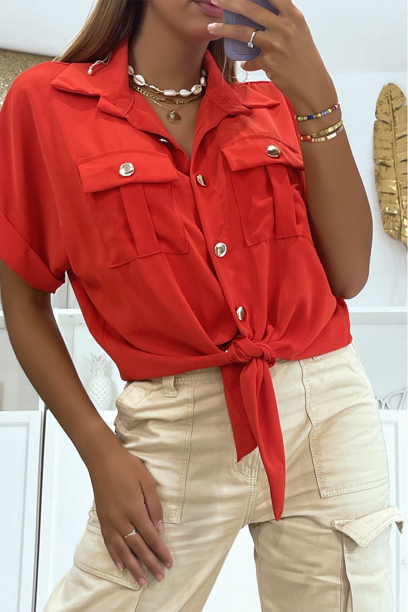Short red blouse that ties at the waist with short sleeves pockets and beautiful golden buttons - 2