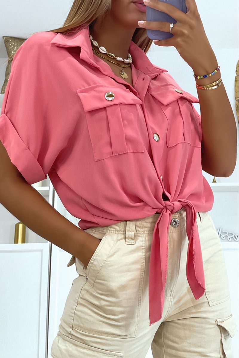 Short dark pink blouse that ties at the waist with short sleeves pockets and beautiful golden buttons - 2
