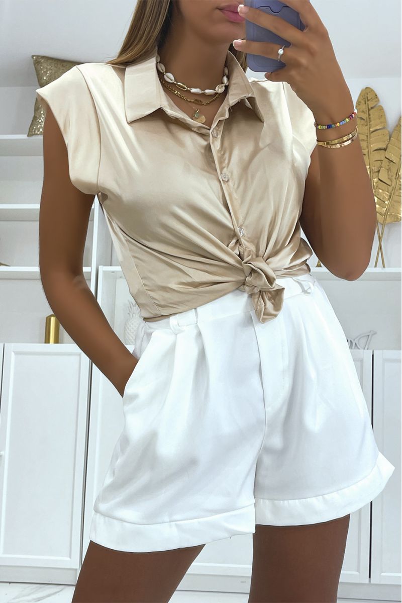 Short beige satin blouse with buttons, lapel collar and short sleeves, super glamorous - 1