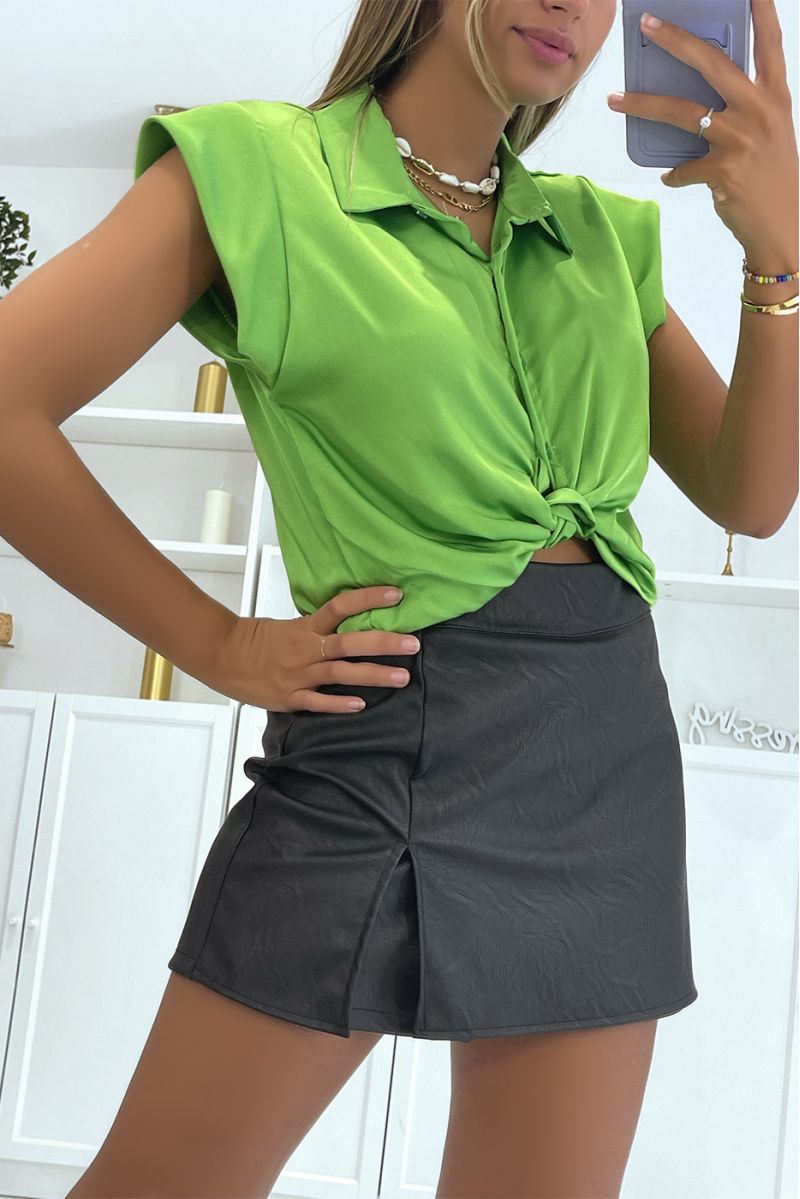 Short lime green satin blouse with buttons, lapel collar and short sleeves, super glamorous - 2