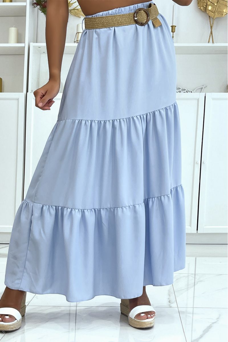 Lange turquoise rok in bohemian-chique stijl met prachtige riem met stro-effect en ronde sluiting - 1