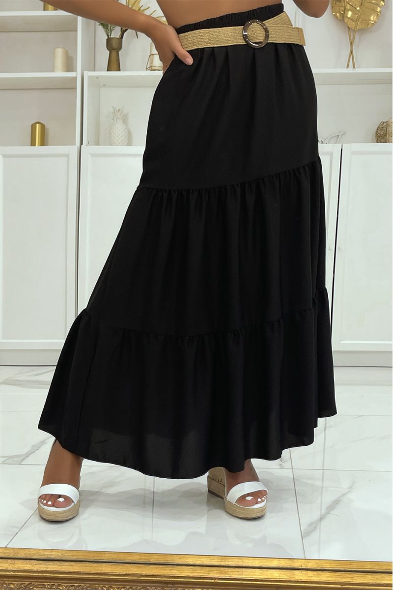 Long bohemian chic style black skirt with magnificent straw effect belt with round clasp - 1