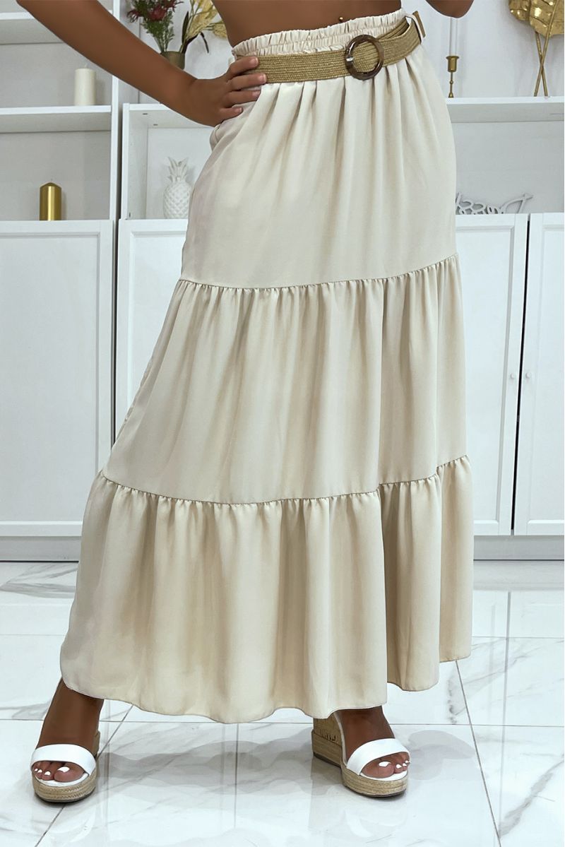 Long bohemian chic style beige skirt with magnificent straw effect belt with round clasp - 1