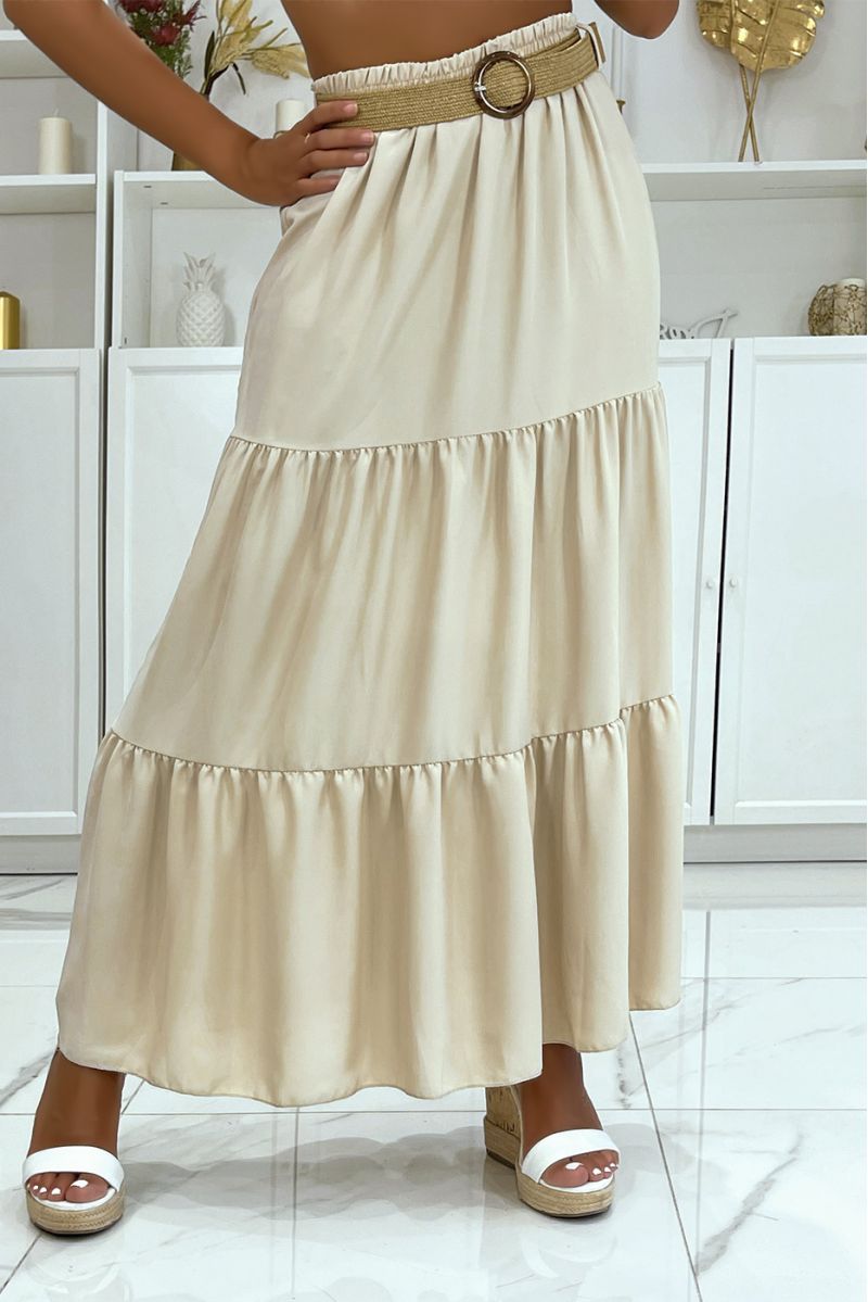 Long bohemian chic style beige skirt with magnificent straw effect belt with round clasp - 2