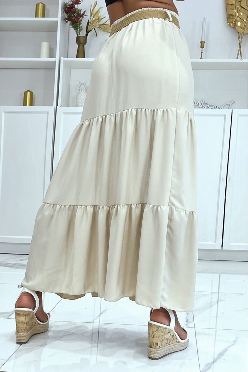 Long bohemian chic style beige skirt with magnificent straw effect belt with round clasp - 3