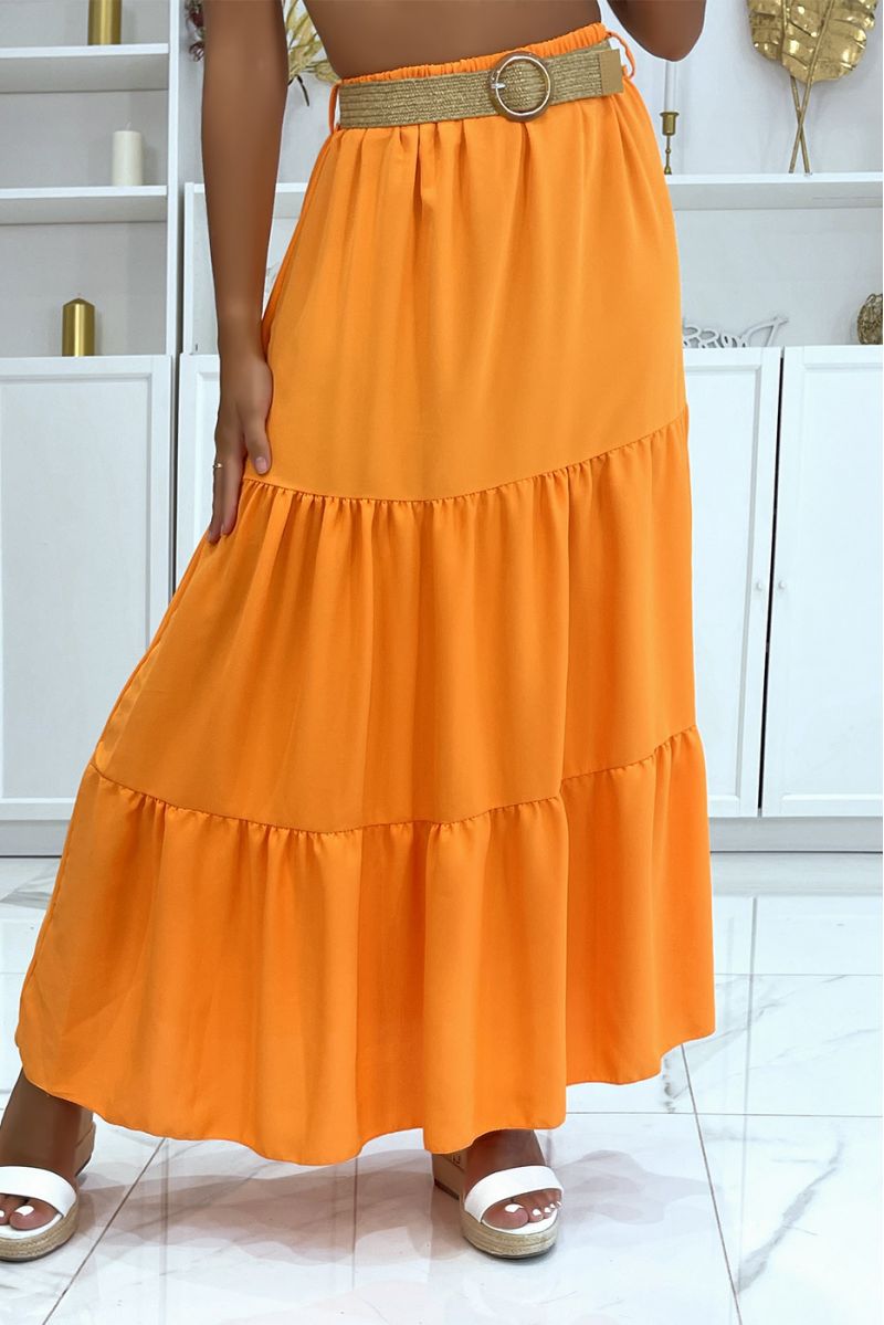 Longue jupe orange style bohème chic avec magnifique ceinture effet paille à fermoir rond - 1
