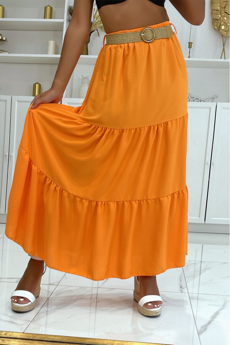 Long bohemian chic style orange skirt with magnificent straw effect belt with round clasp - 2