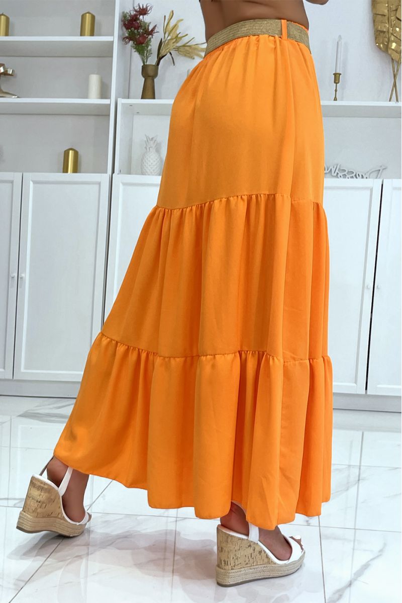 Longue jupe orange style bohème chic avec magnifique ceinture effet paille à fermoir rond - 3