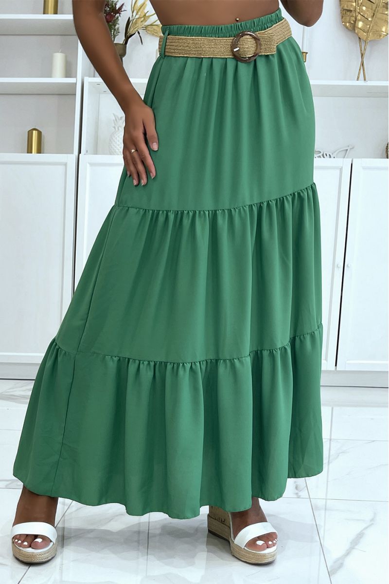 Long bohemian chic style green skirt with magnificent straw effect belt with round clasp - 1