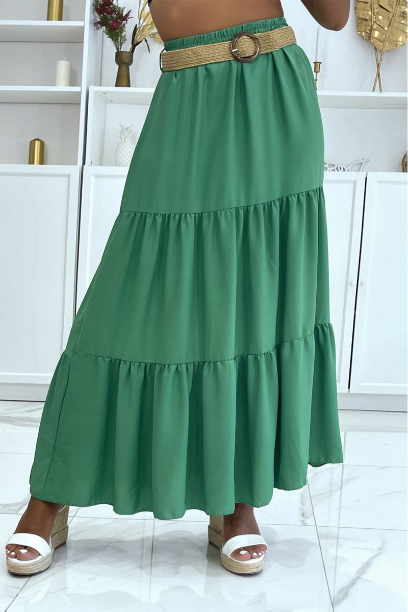 Long bohemian chic style green skirt with magnificent straw effect belt with round clasp - 2