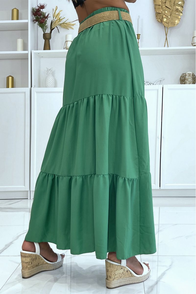 Long bohemian chic style green skirt with magnificent straw effect belt with round clasp - 3