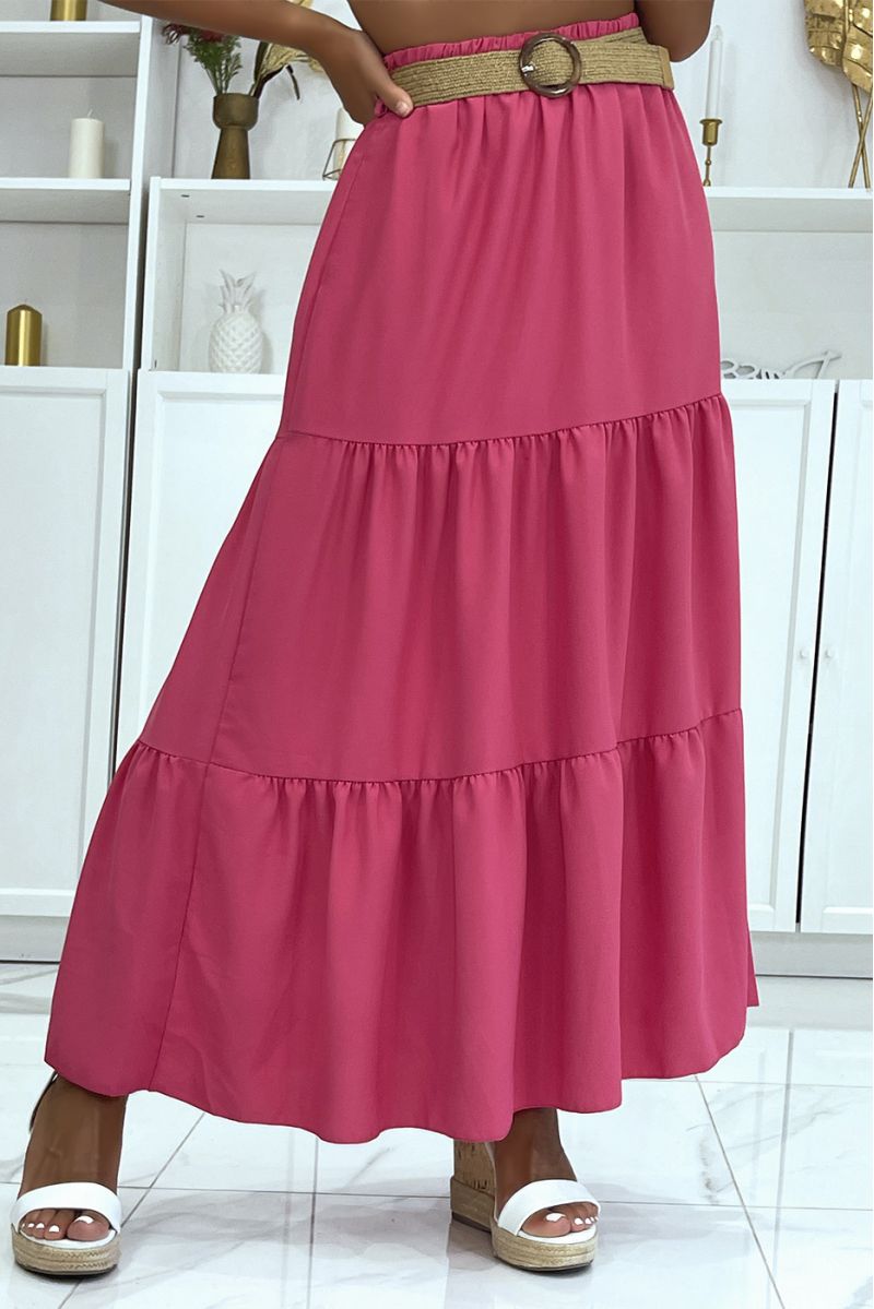 Long fuchsia skirt bohemian chic style with beautiful straw effect belt with round clasp - 1