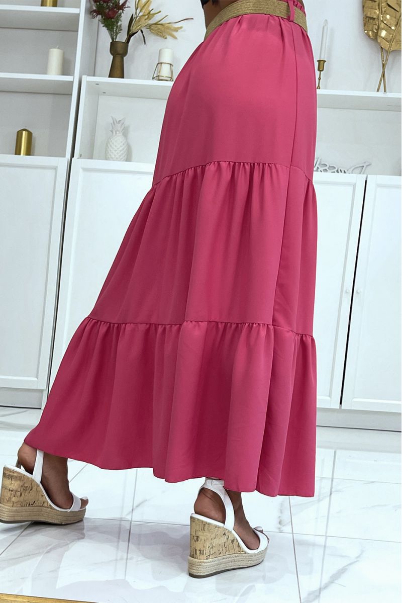 Long fuchsia skirt bohemian chic style with beautiful straw effect belt with round clasp - 3