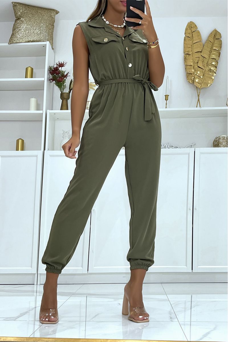 Lange kaki jumpsuit met cargobroek en blousetop met gouden knopen - 1