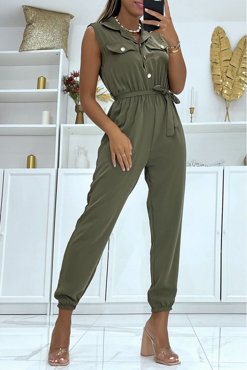 Long khaki jumpsuit with cargo pants and blouse top with gold buttons - 2