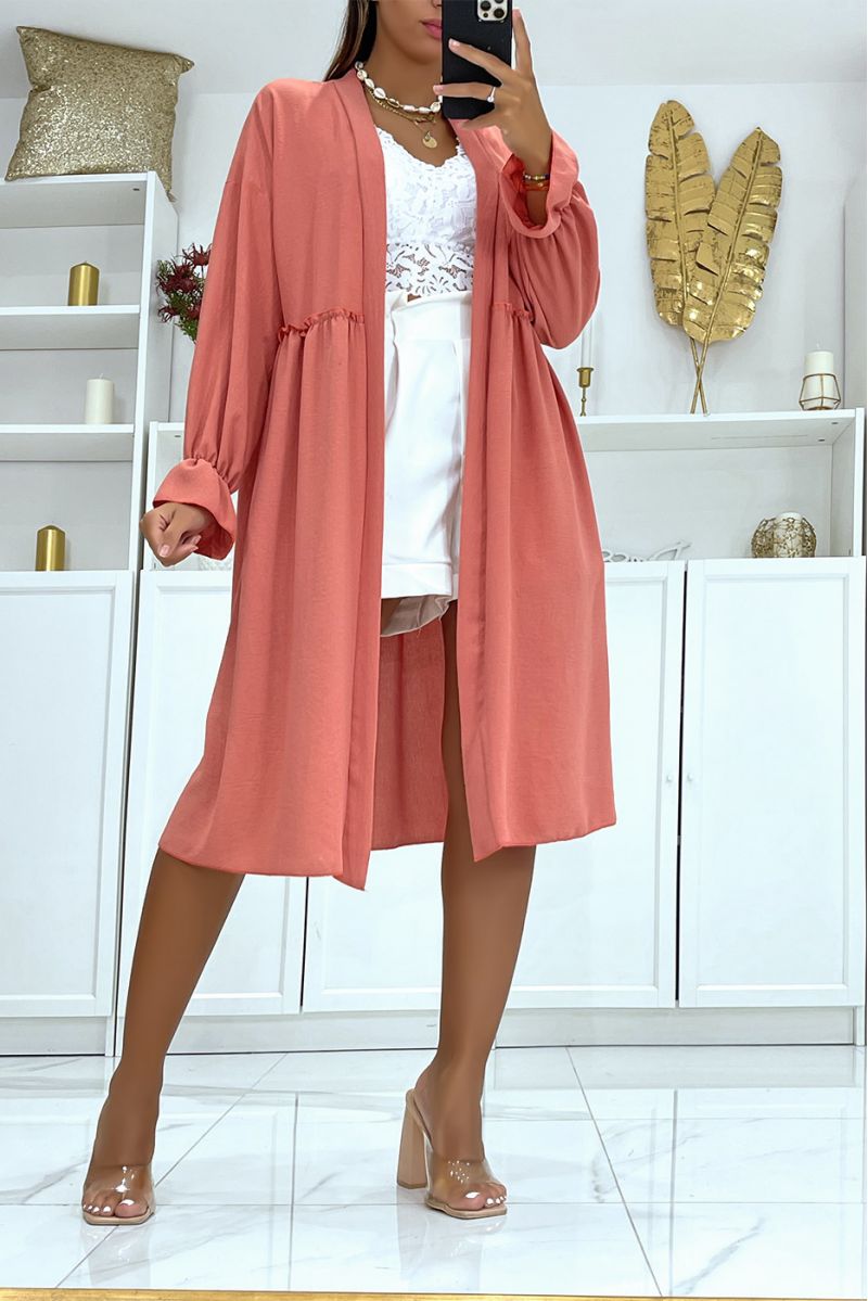 Dark pink long oversize cardigan with fluid and comfortable long sleeves with pretty ruffles - 1