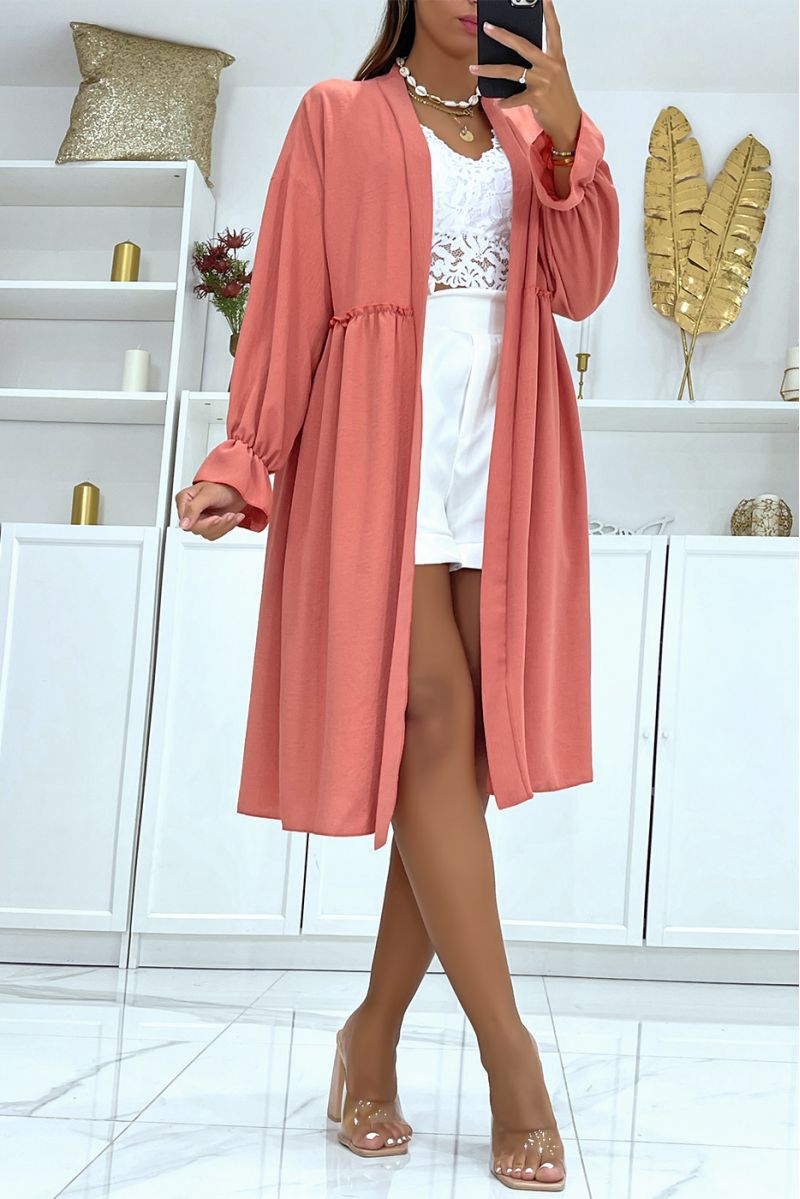 Dark pink long oversize cardigan with fluid and comfortable long sleeves with pretty ruffles - 2