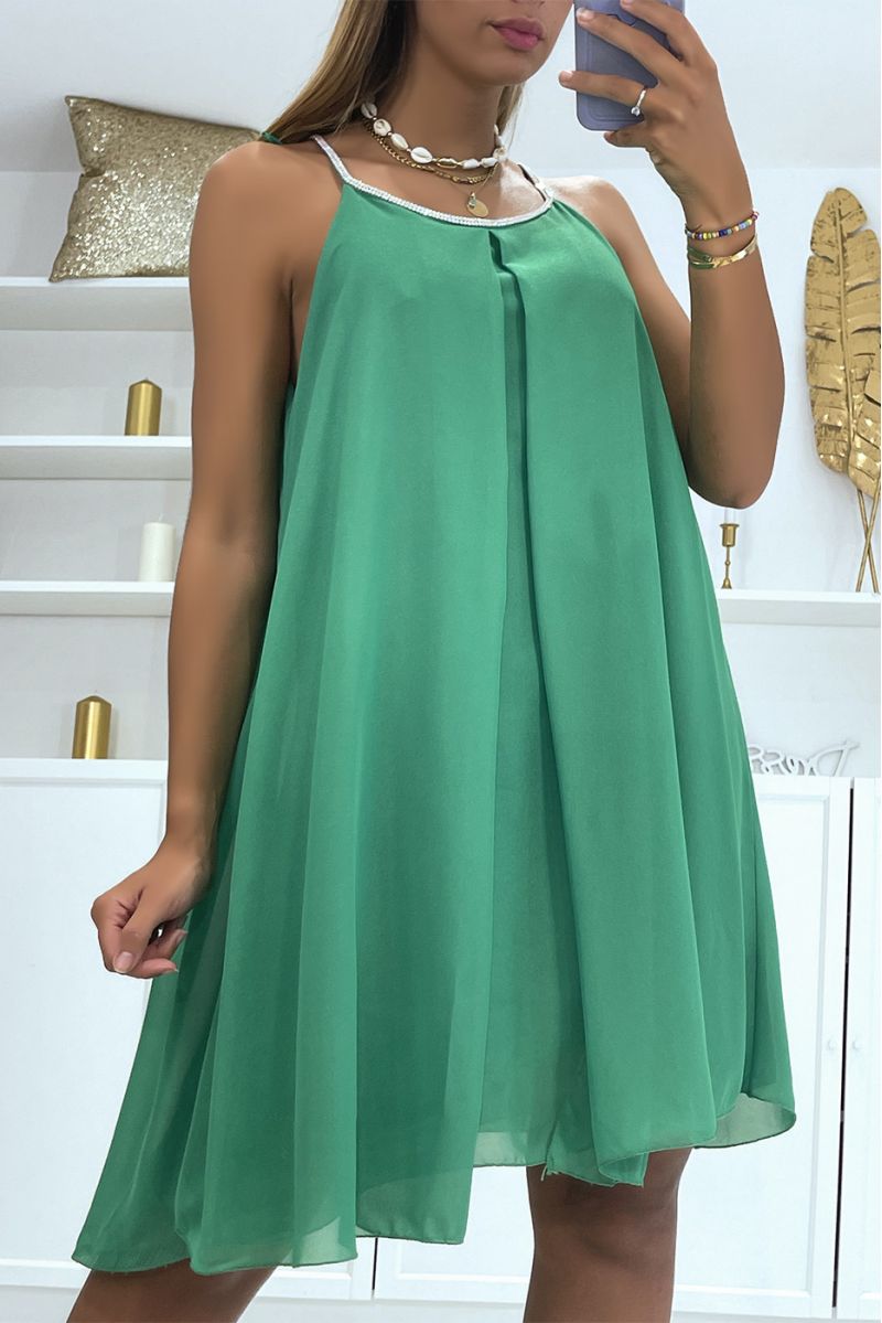 Shiny green tunic dress with loose and flowing beaded round neck - 3