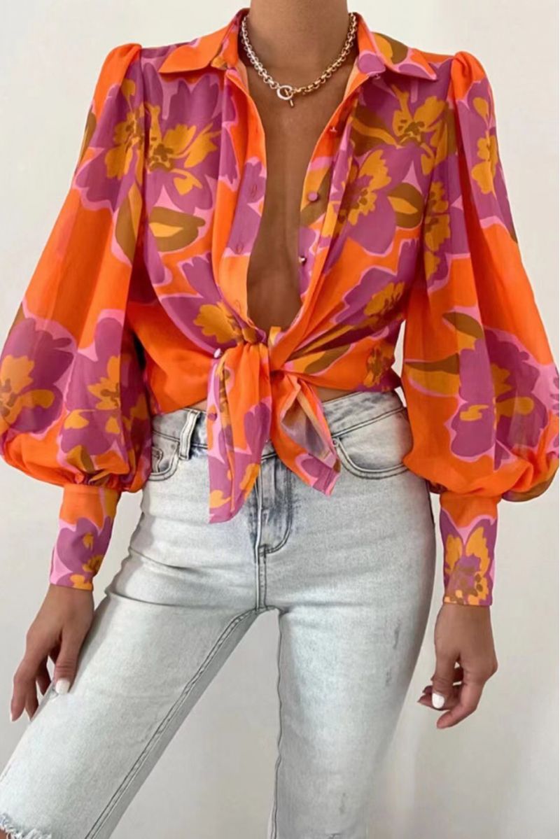 Orange shirt with chic and trendy transparent color mix print - 5