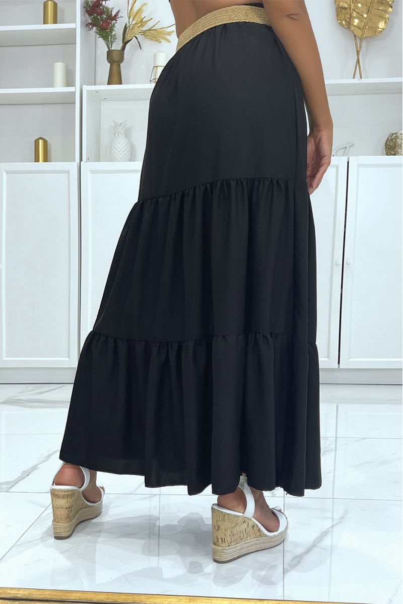 Long bohemian chic style black skirt with magnificent straw effect belt with round clasp - 3