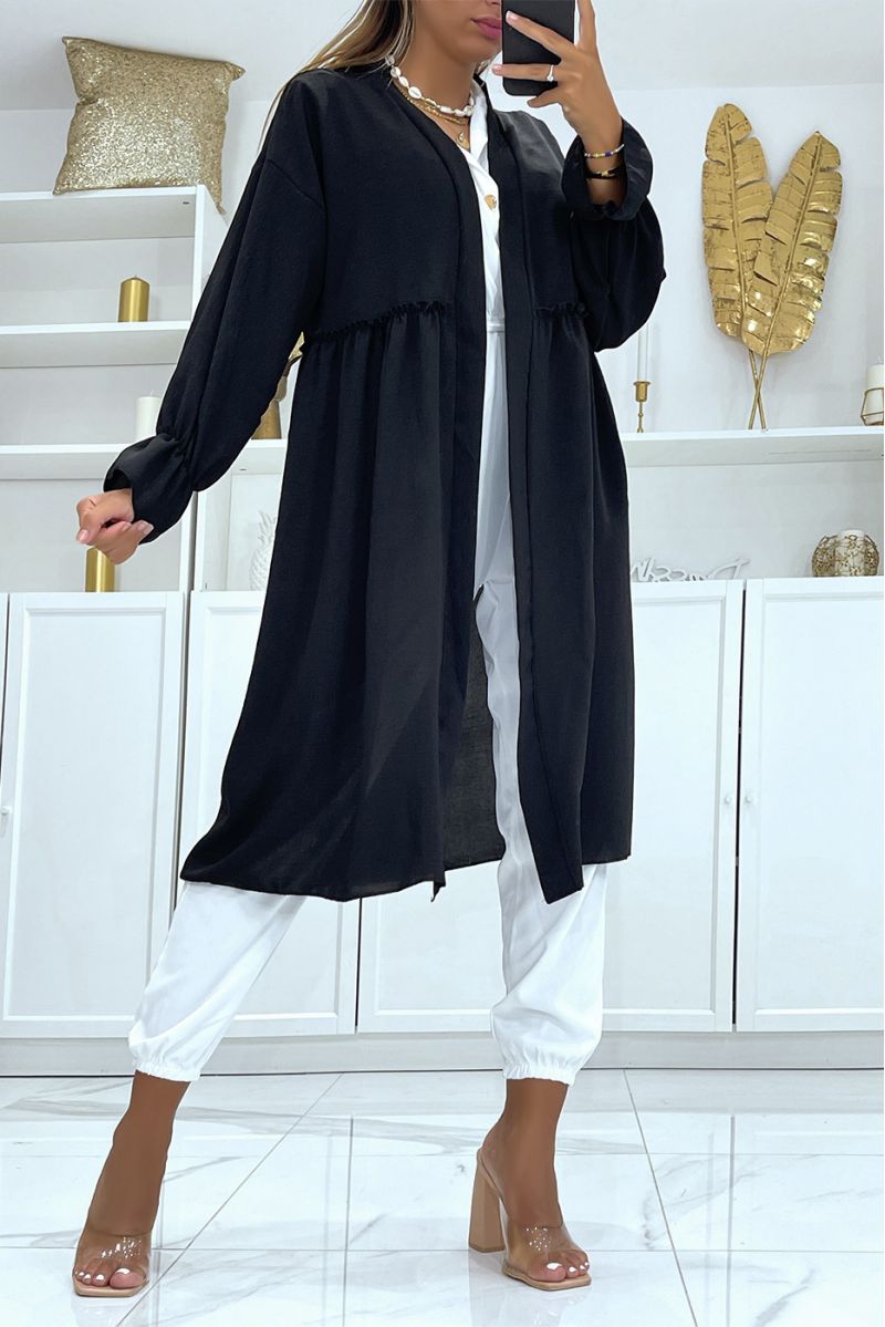 Long oversized black cardigan with fluid and comfortable long sleeves with pretty ruffles - 1