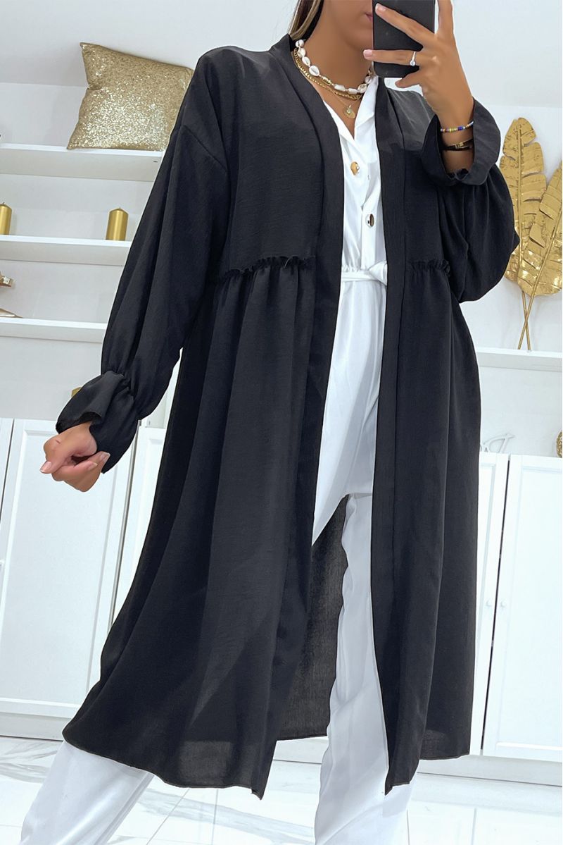 Long oversized black cardigan with fluid and comfortable long sleeves with pretty ruffles - 2