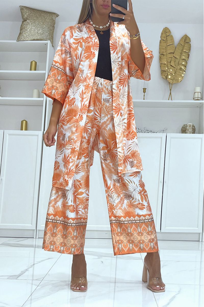 Satin material tropical print kimono set - 2