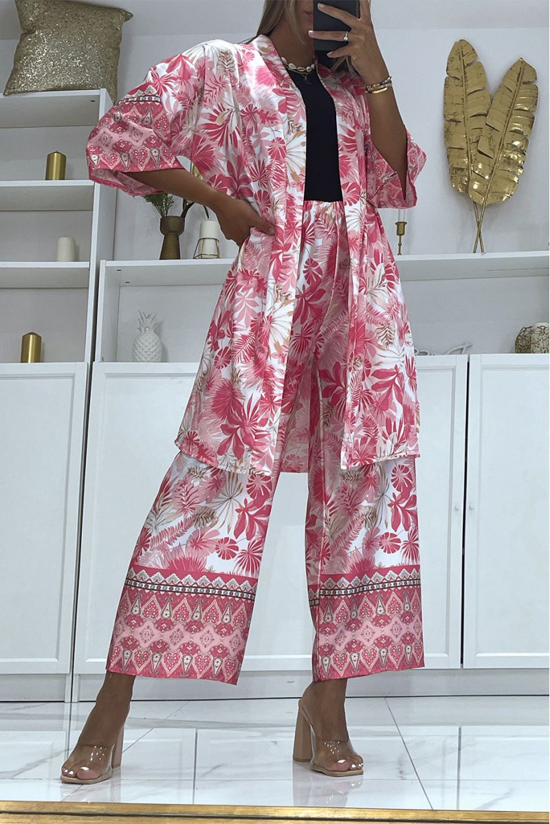 Fuchsia kimono met tropische print van satijnachtig materiaal - 1