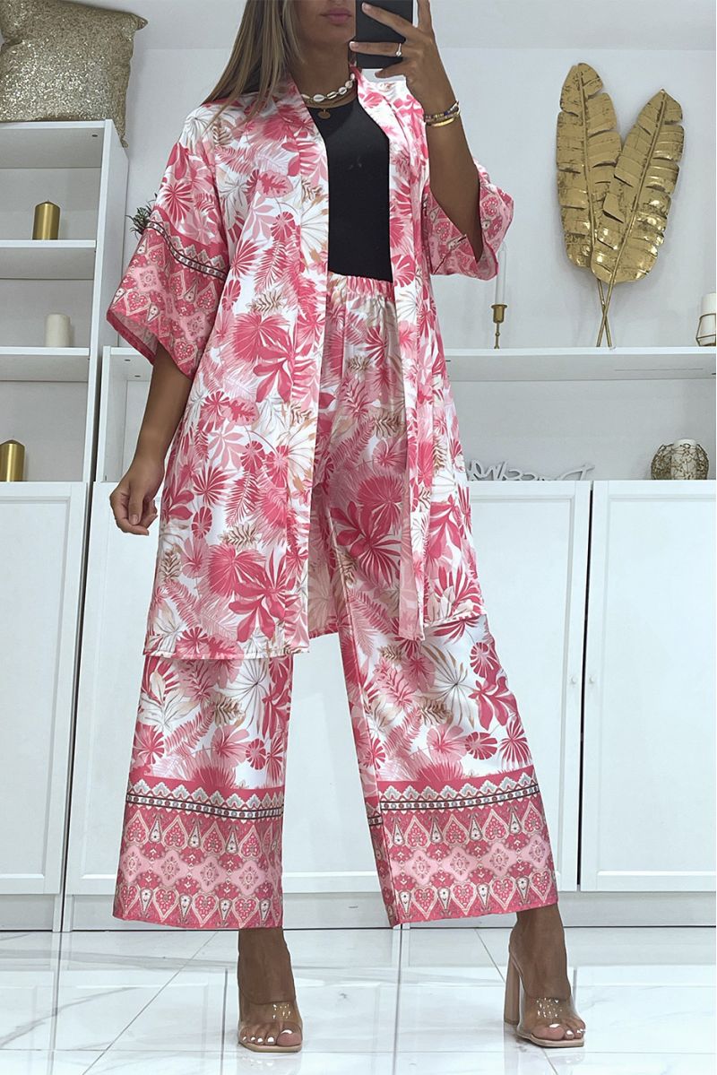 Fuchsia tropical print kimono set in satin material - 2