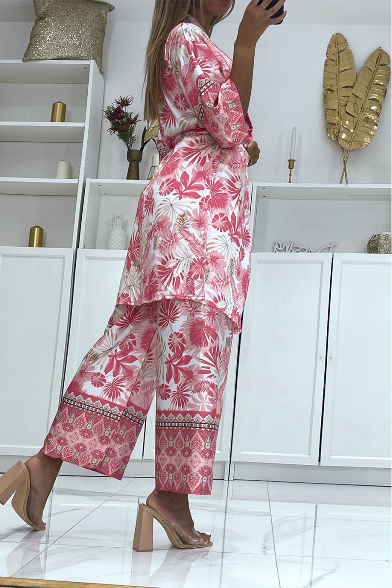 Fuchsia tropical print kimono set in satin material - 4