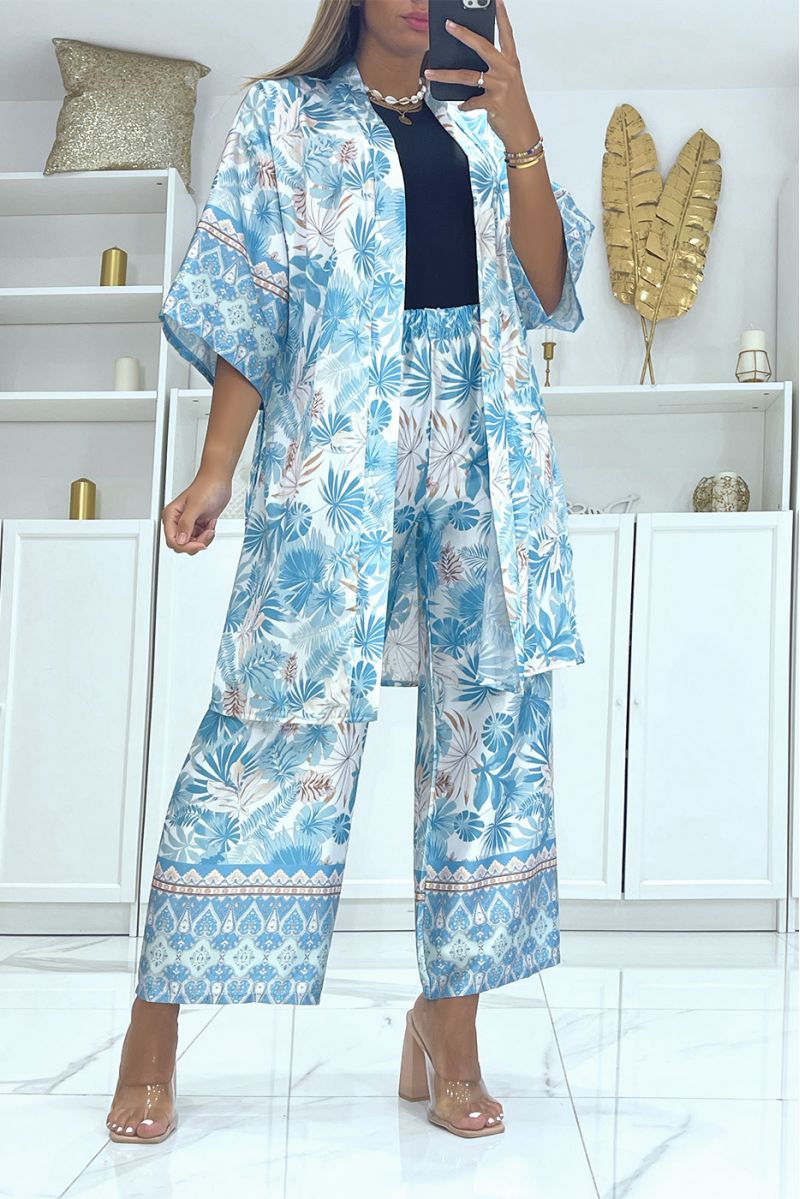 Ensemble kimono turquoise imprimé tropical matière satiné - 1