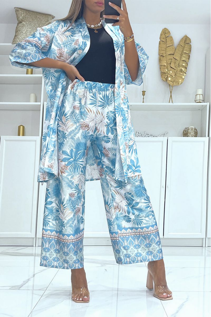 Ensemble kimono turquoise imprimé tropical matière satiné - 2