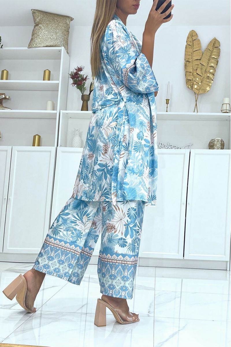 Ensemble kimono turquoise imprimé tropical matière satiné - 4