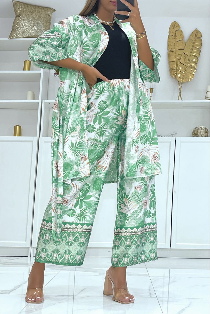 Ensemble kimono vert imprimé tropical matière satiné - 1