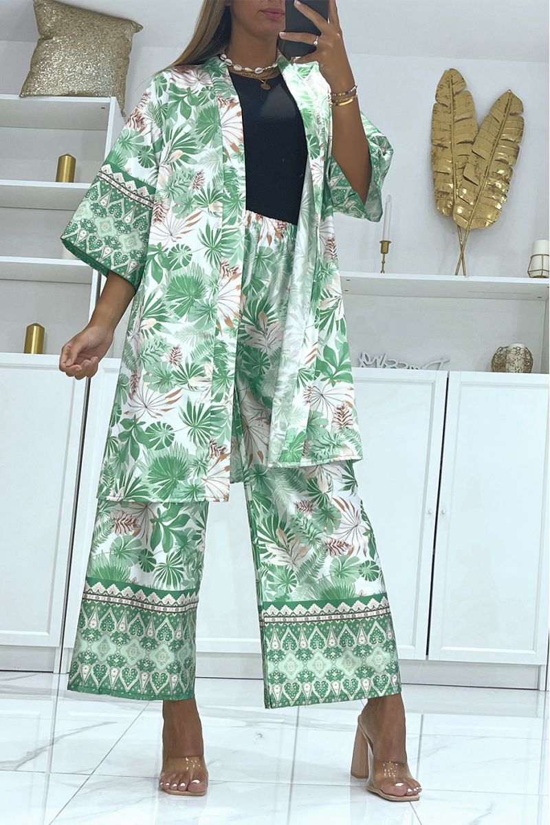 Ensemble kimono vert imprimé tropical matière satiné - 2
