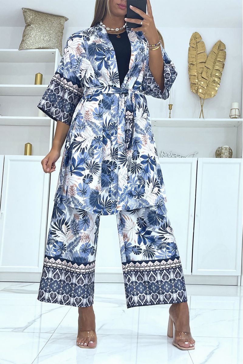 Navy kimono set with tropical print satin material - 2